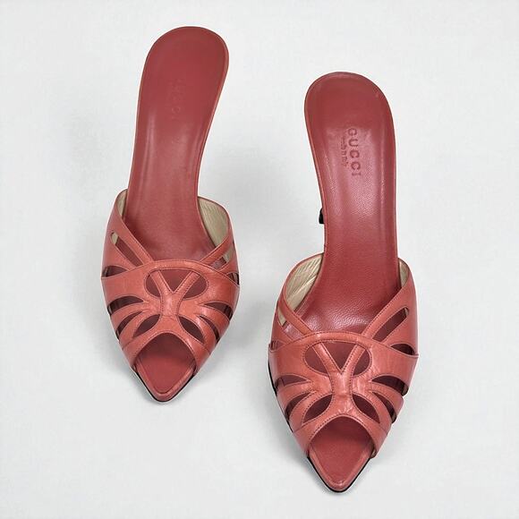 Gucci Pink Leather Peep Toe Mules | Stiletto Heels | Size 38 - Picture 8 of 9